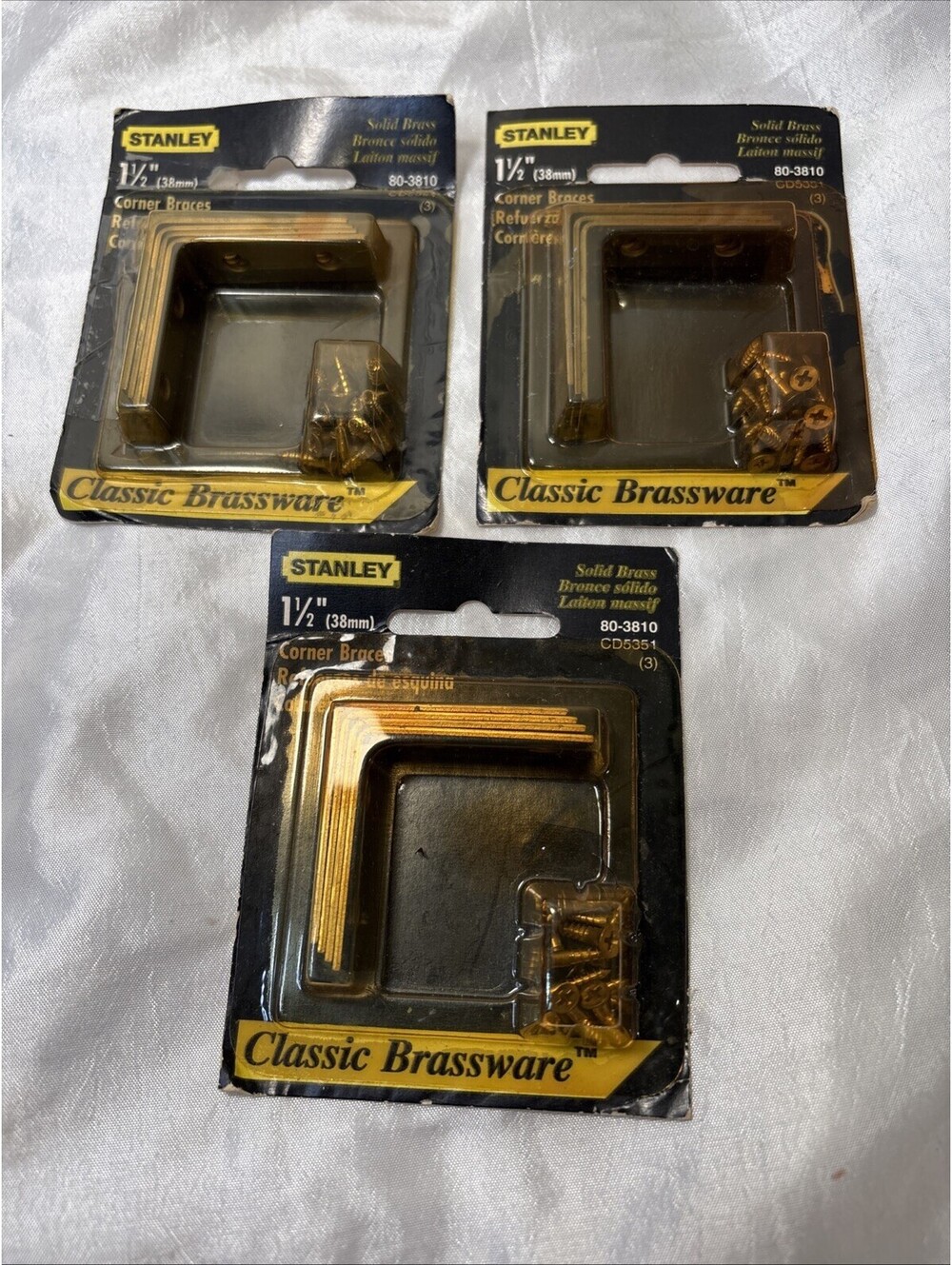 Lot oF 3 NEW NOS VTG Corner Braces 1-1/2” By 1/2” Solid Brass